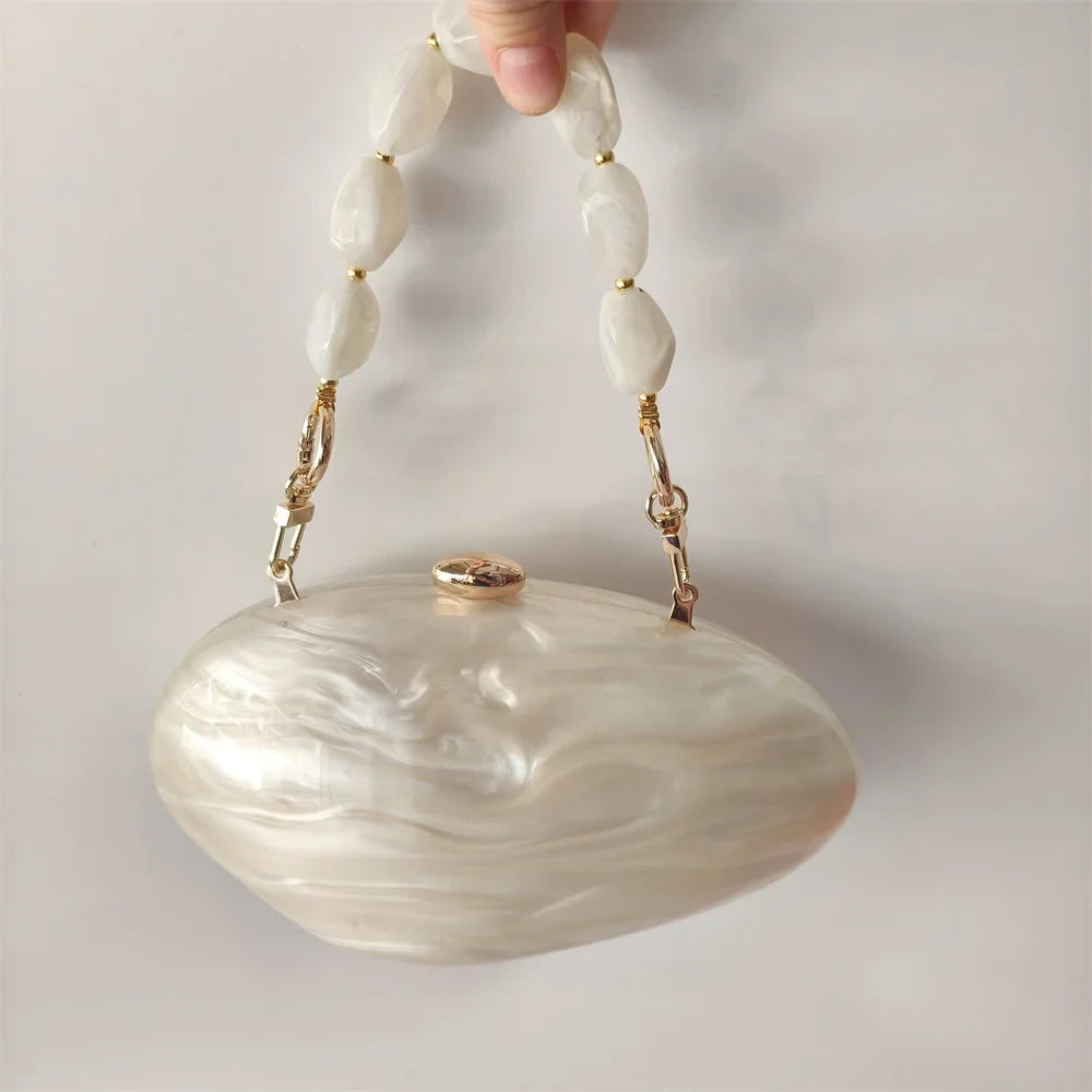 Oval Marble Beige Shell Acrylic Luxury Elegant Lady Evening Bag | Cute Handbag & Wedding Girl Female Mini Purse