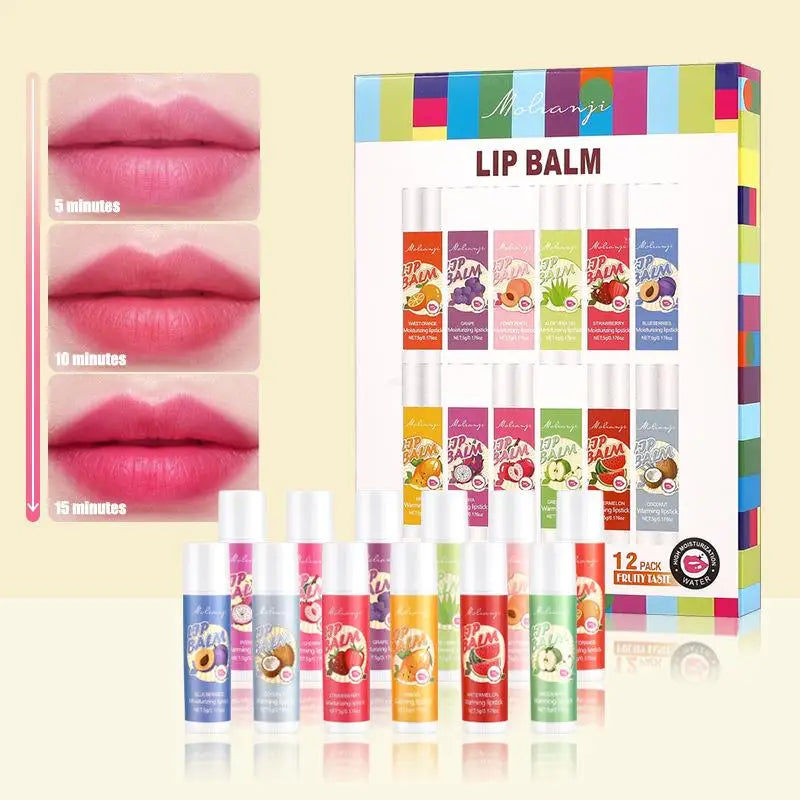 12pcs Moisturizing Lipstick Set, Hydrating Lip Care Suitable For All Skin Types, Fruit Lipstick Lip Balm Set