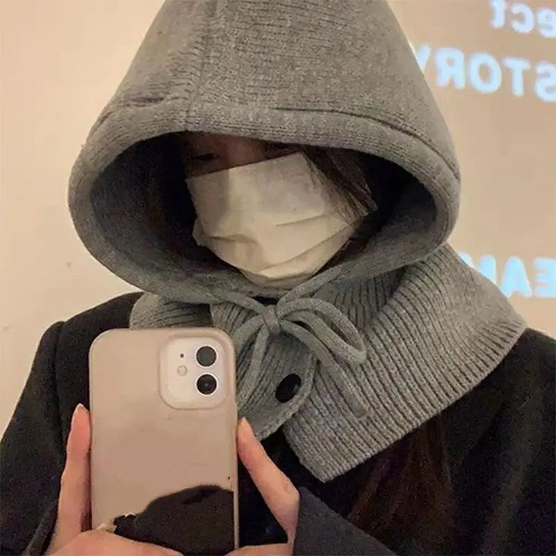 Winter Balaclava Hat Warm Knitted Women's Hood Hat Solid Color One-piece Neck Pullover Cap Outdoor Cashmere Caps