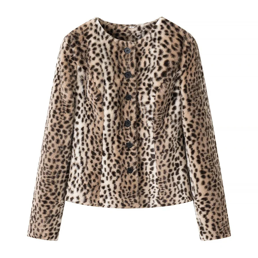 Retro Leopard Faux Fur Short Coat Lady Chic O-neck Single Button Placket Spotted Dot Cropped Long Sleeve Outerwear Street Jacket