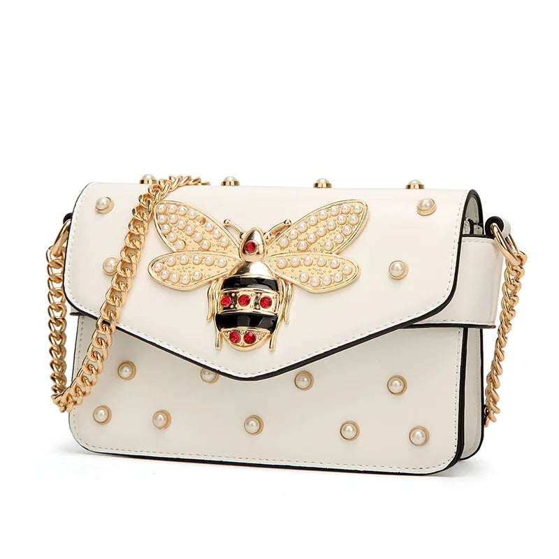 Women's Pearl and Bee Shoulder Handbag | PU Crossbody Bag with Chain