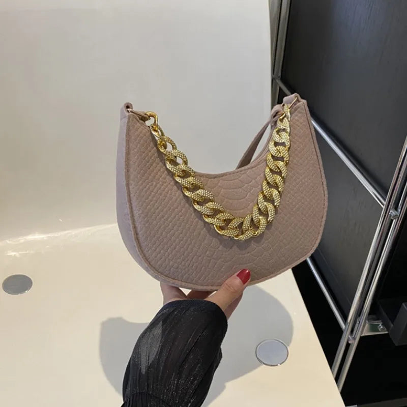 Fashion Women's Felt Handbag | Imitation Metal Chain Underarm Bag (Retro Ladies Solid Color Shoulder Bag, Trendy Casual Clutch Purse)