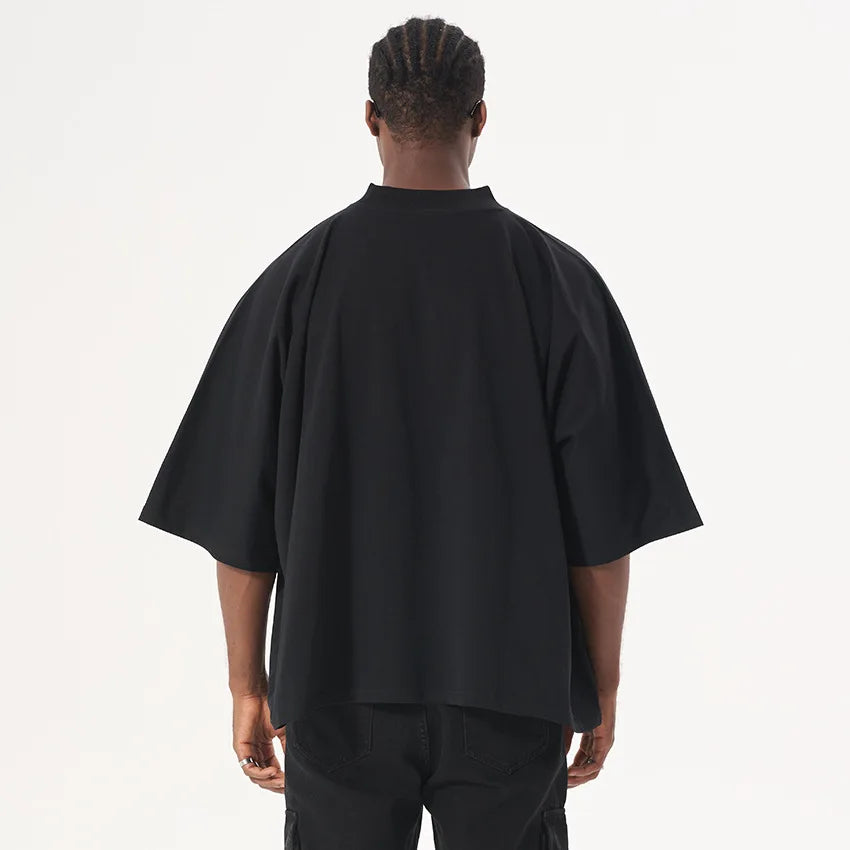 300GSM Heavyweight Cotton Boxy Cropped Tee | Slim Neck Streetwear T-Shirt Hip Hop Men's Short Wide Distressed Shirt
