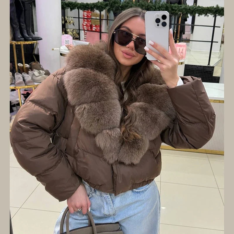 Luxury Thick Faux Fox Fur Collar Cropped Puffer Coat Women Oversized Lapel Zip Up Short Warm Windproof Winter Outerwear Jacket