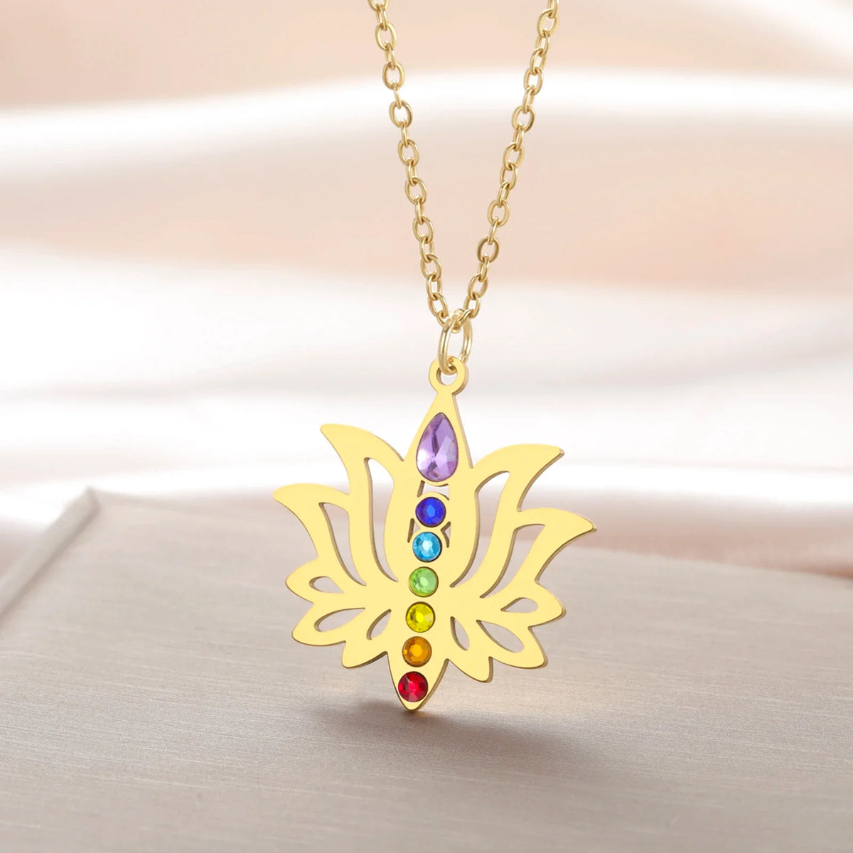 Gold Plated 7 Chakra Lotus Flower Necklace with Om Symbol Spiritual Yoga Jewelry Seven Colorful Zircon Lotus Flower Necklace