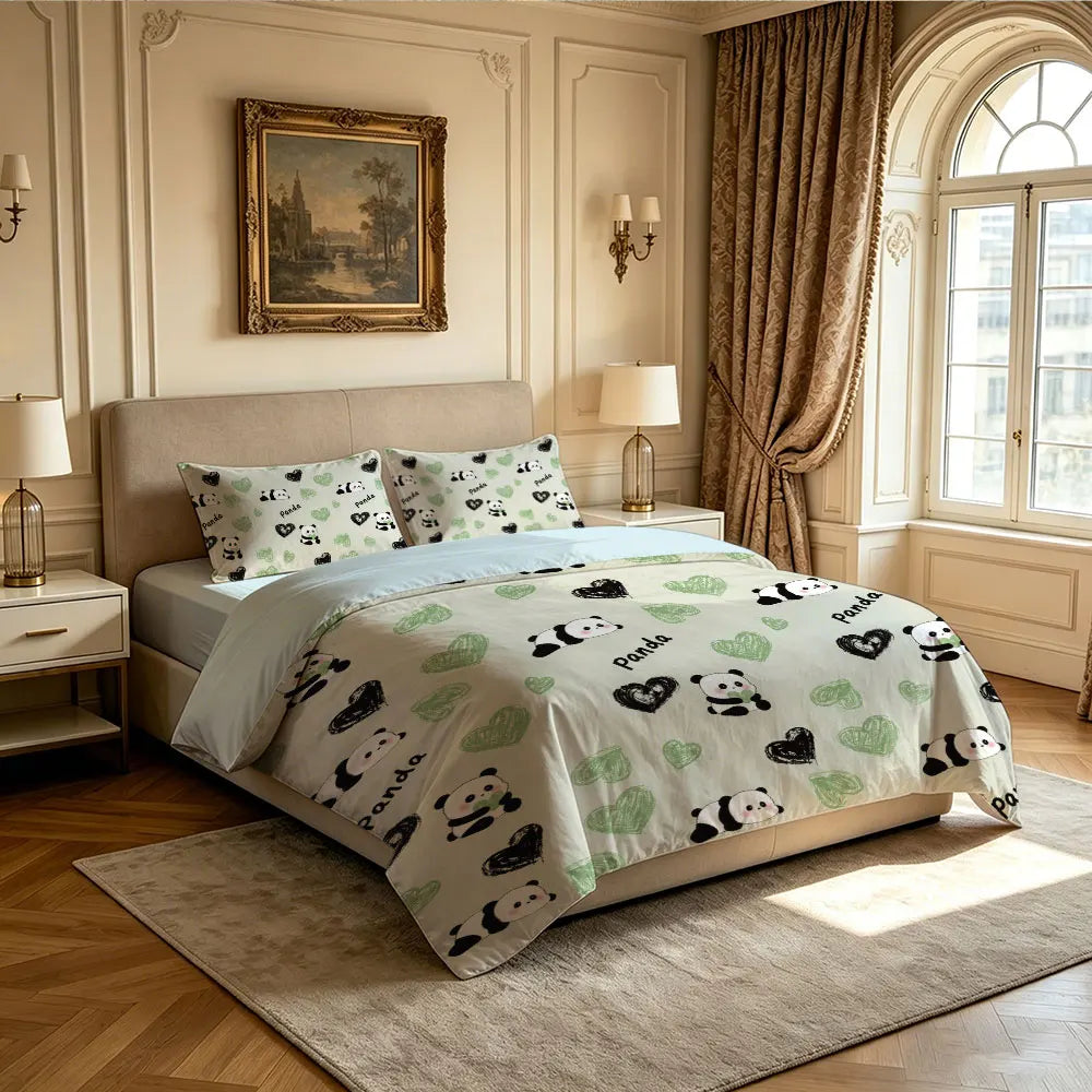 3pcs Cartoon Panda Print Coreless Duvet Cover Cool Summer Lightweight Bedding Set Multi Size Bedroom Bedding Decoration