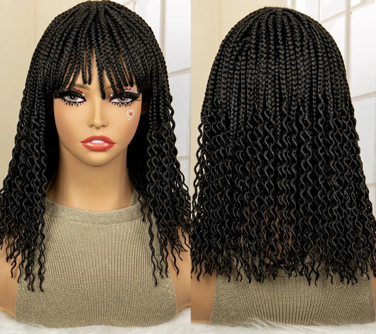 Short 14" Bob Braided Wig | Curly Knotless Box Braids | Synthetic Machine Made Wig | For Black Women
