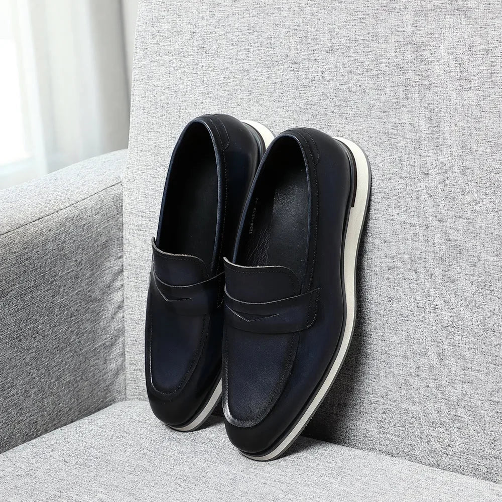 Classy Men's Genuine Cow Leather Penny Loafers | Blue & Black Casual Business Flats (Breathable)