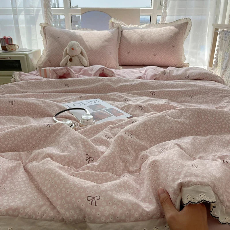 Summer Quilt Korean Style Duvet with Lace Single/Queen Size Comforter Flower Printed Quilted Blanket 여름이불 (No Pillowcase)