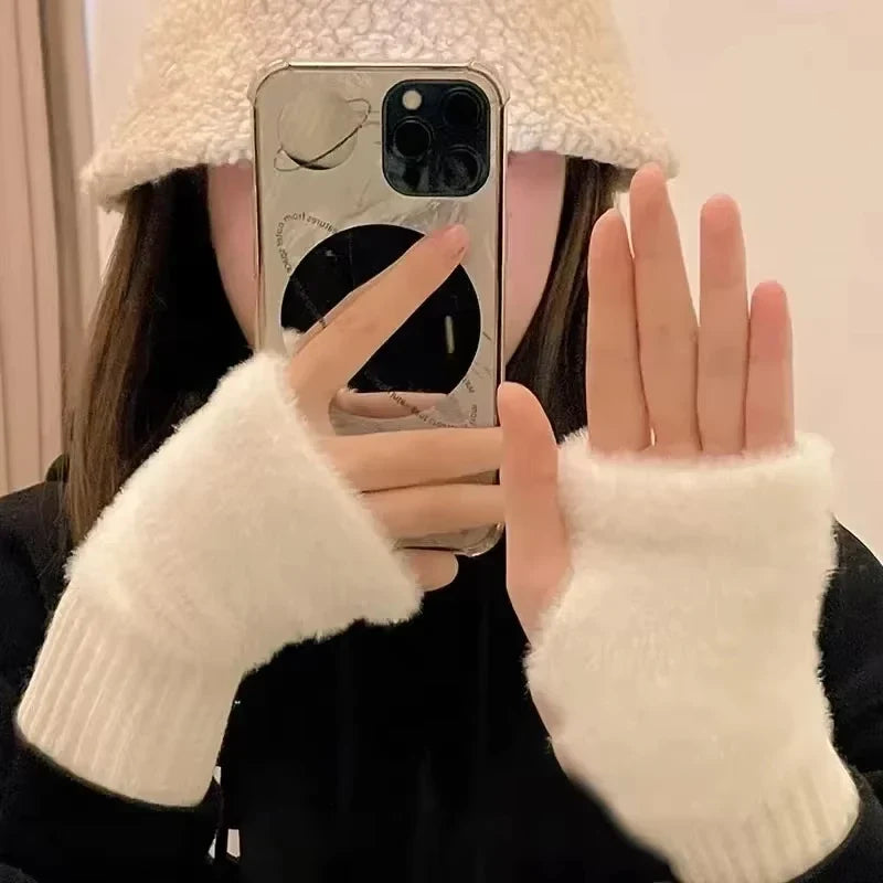 Women'S Luxury Plush Fleece-Lined Winter Gloves - Thick Warm Half-Finger Gloves with Elastic Cuffs Winter Gloves For Women