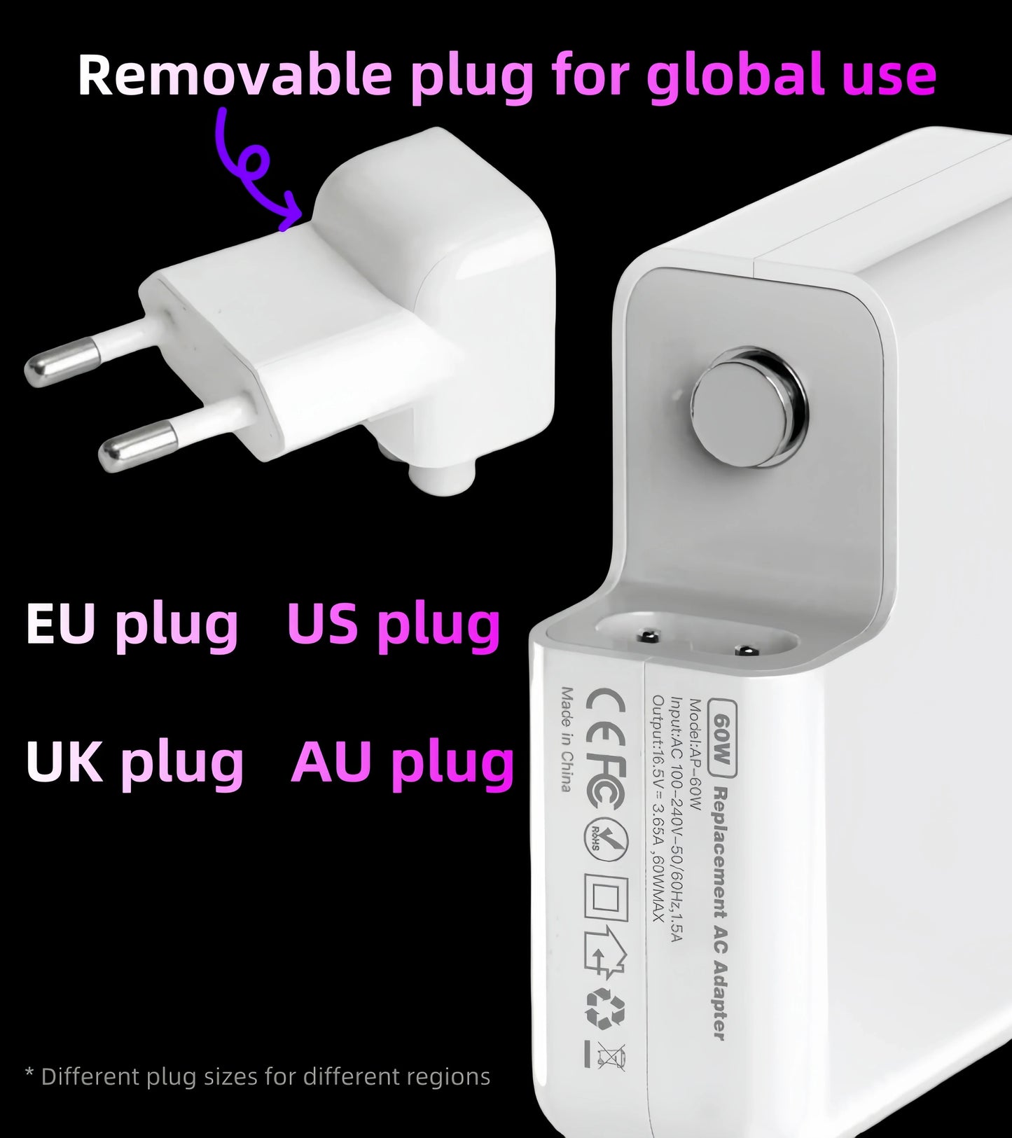 85W T-Type Magnetic Laptop Charger Power Adapter A1398 A1417 A1424 CE FCC RoHS UKCA Certified