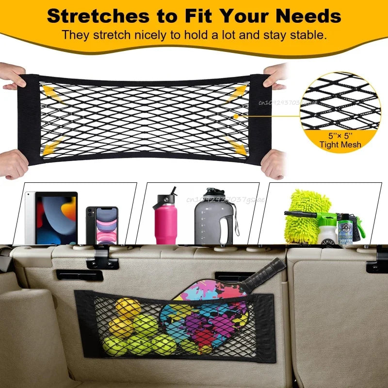 Car Storage Net Stretchable Mesh Pocket Net Magic Elastic Sticker Universal Rear Mesh Trunk Seat Bag Pocket Cage Auto Organizer