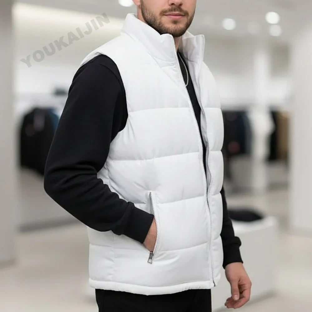 White Vest Jacket Men Slim Fit Stand Collar Sleeveless Puffer Jackets Spring Autumn Casual Waistcoat Men Warm Coat 2026 Trends