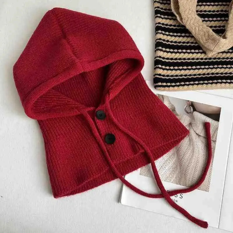 Winter Balaclava Hat Warm Knitted Women's Hood Hat Solid Color One-piece Neck Pullover Cap Outdoor Cashmere Caps