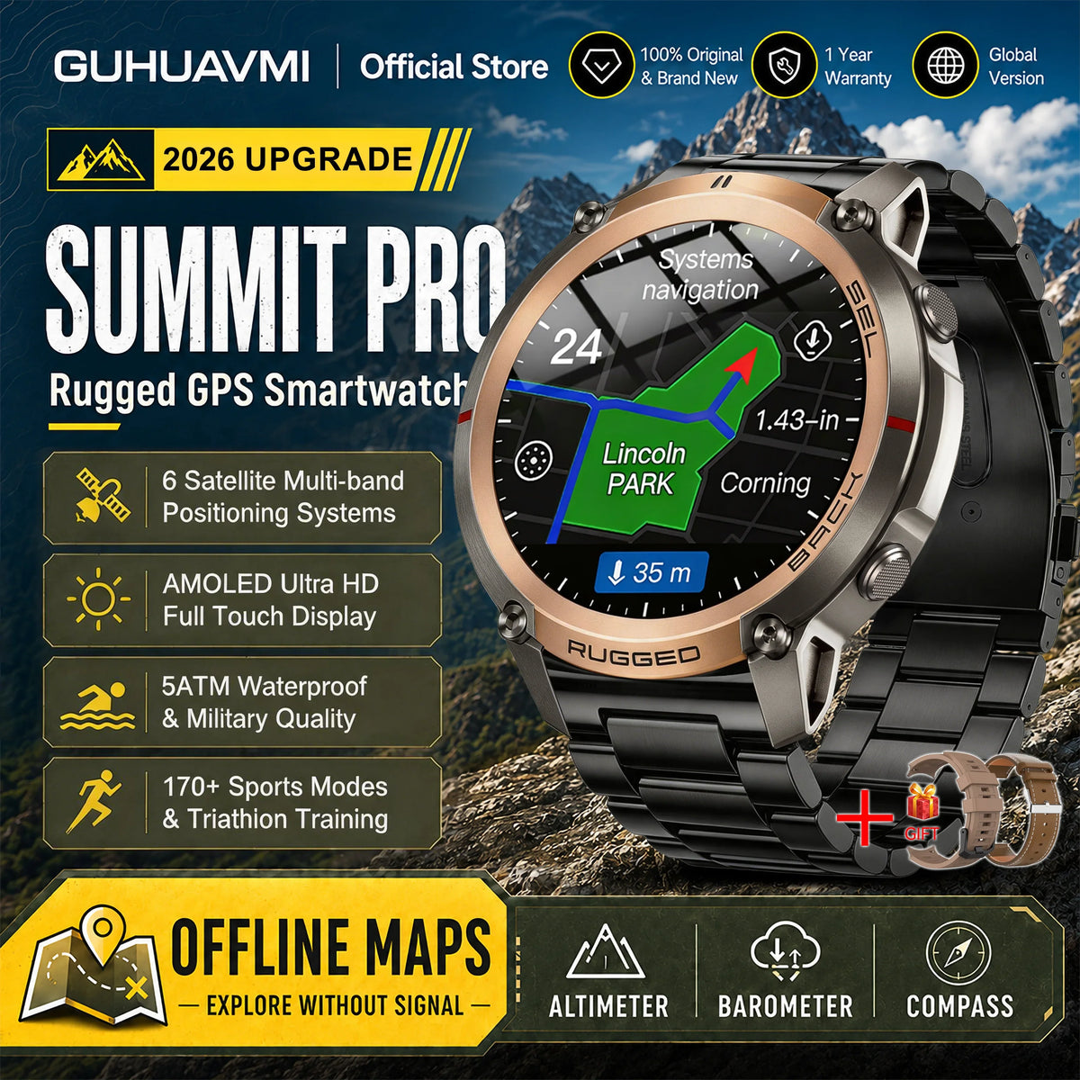 2026 Military Satellite Offline Map GPS Smart Watch Men 1.43''AMOLED Bluetooth Call Compass 5ATM Waterproof 170+Sport Smartwatch