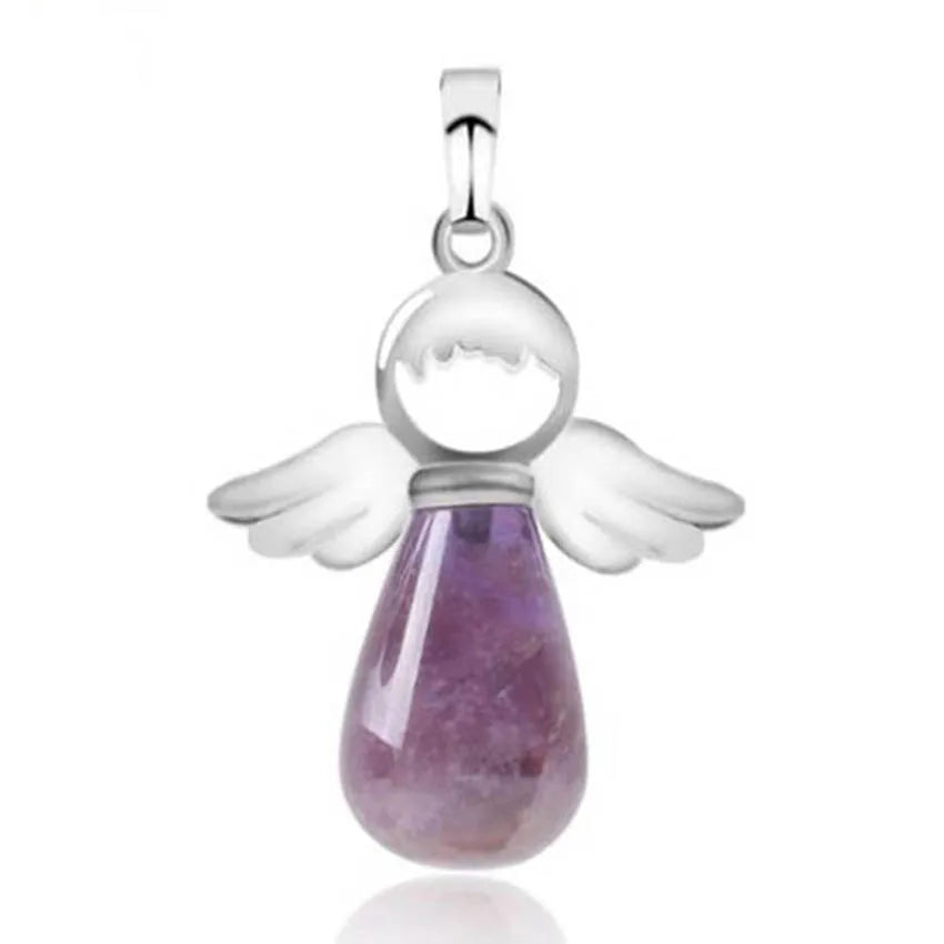 Angel Wing Crystal Stone Pendants For Women Necklace DIY Natural Amethyst Rose Quartz Water Drop Necklace Jewelry No Chain