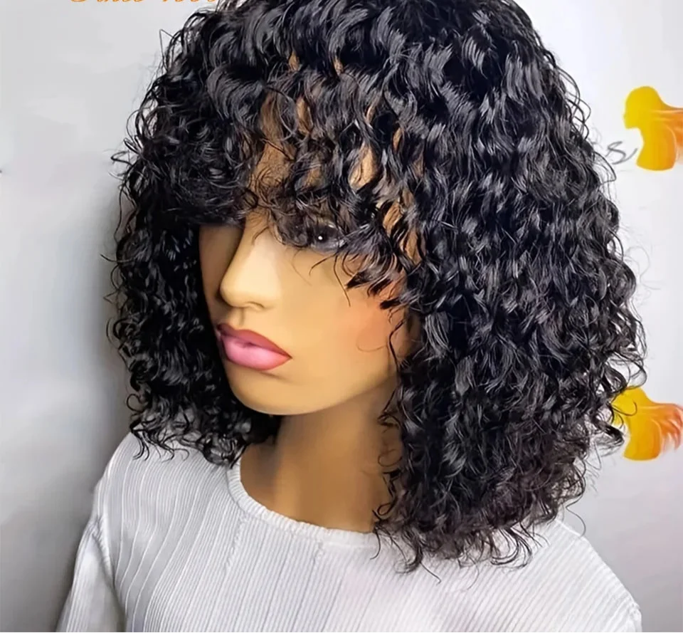 Jerry Curly Short Bob Human Hair Wig with Bangs | Glueless Highlight Honey Water Wave Blonde Wig for Women (Ready-to-Go)