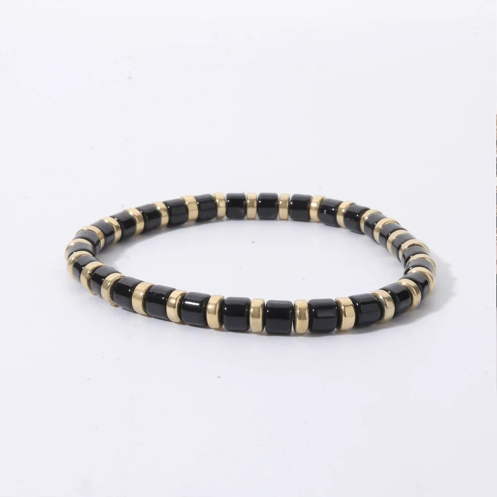 2026 New Black Gold Color Beaded Bangle for Women and Men Handmade Elastic hand Wrist Bracelets
