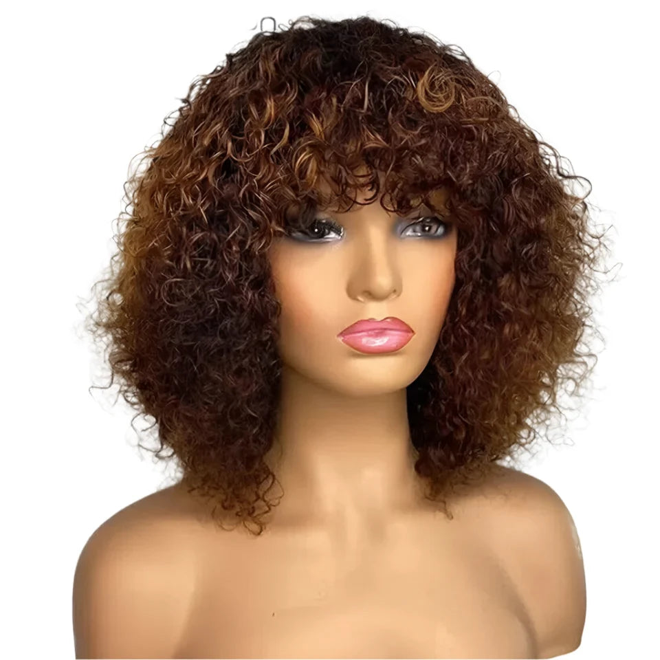 Highlight Honey Blonde Jerry Curly Pixie Bob Wig with Bangs | Full Machine Made Human Hair