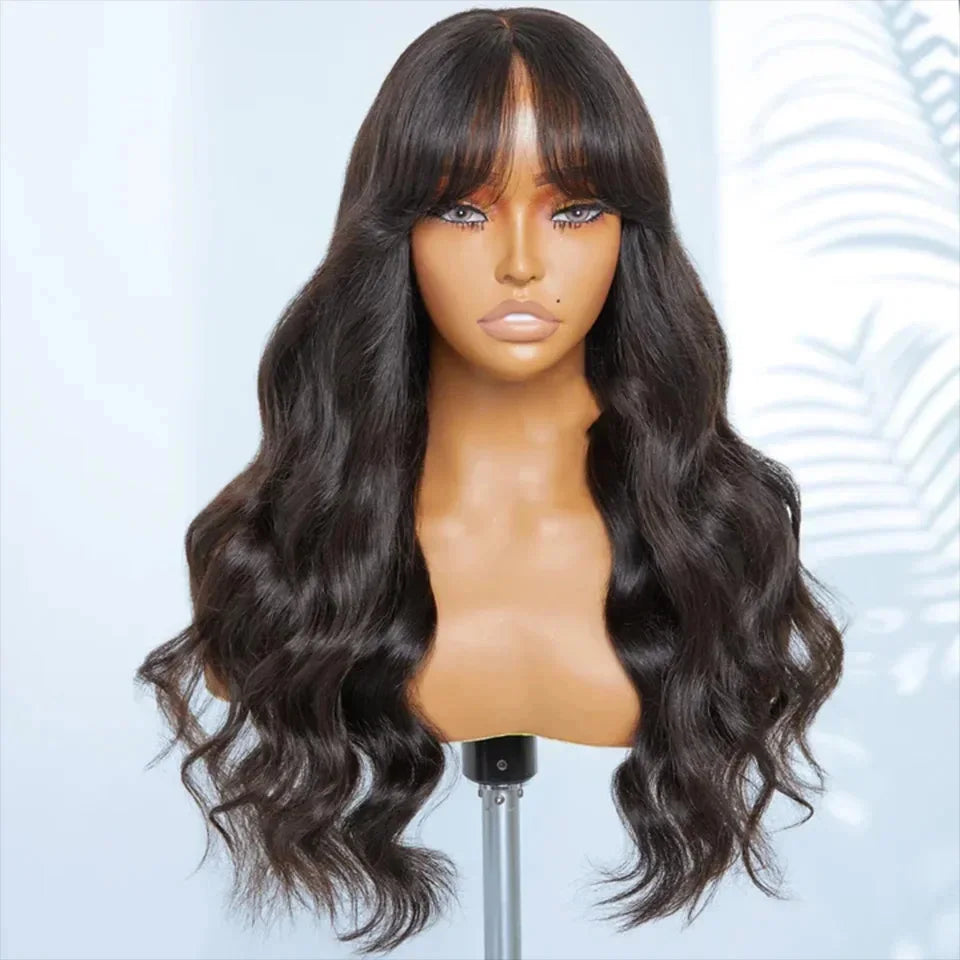 Natural Color 24" Body Wave Wig with Bangs | 180% Density Remy Human Hair Middle Part Lace