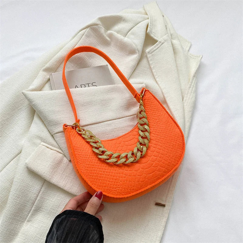 Fashion Women's Felt Handbag | Imitation Metal Chain Underarm Bag (Retro Ladies Solid Color Shoulder Bag, Trendy Casual Clutch Purse)