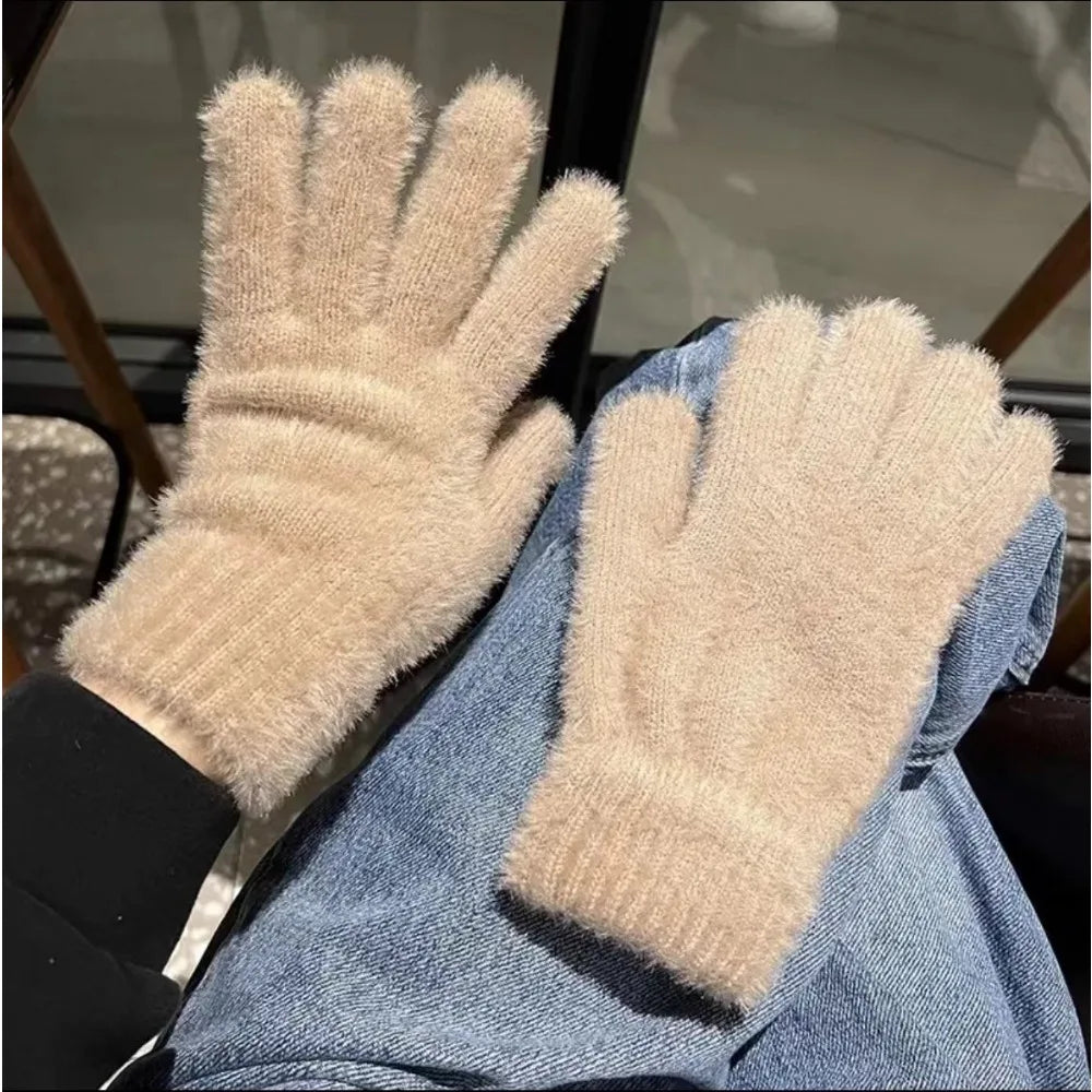 Fashion Winter Mink Velvet Five Finger Gloves Plush Warm Cold-proof Gloves Women Outdoors Cycling Solid Color Winter Gloves