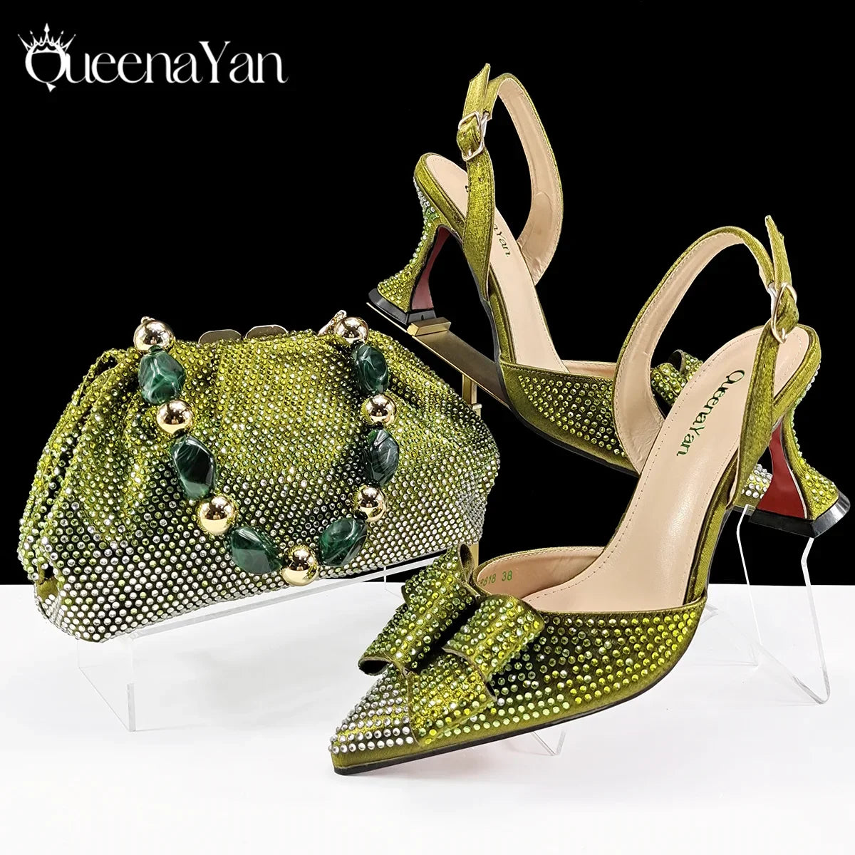 Queena Yan Newest Full of Rhinestone Design Olive Color Lady Sheos and Metal Bead-Embellished Handbag Set for Parrt Wedding