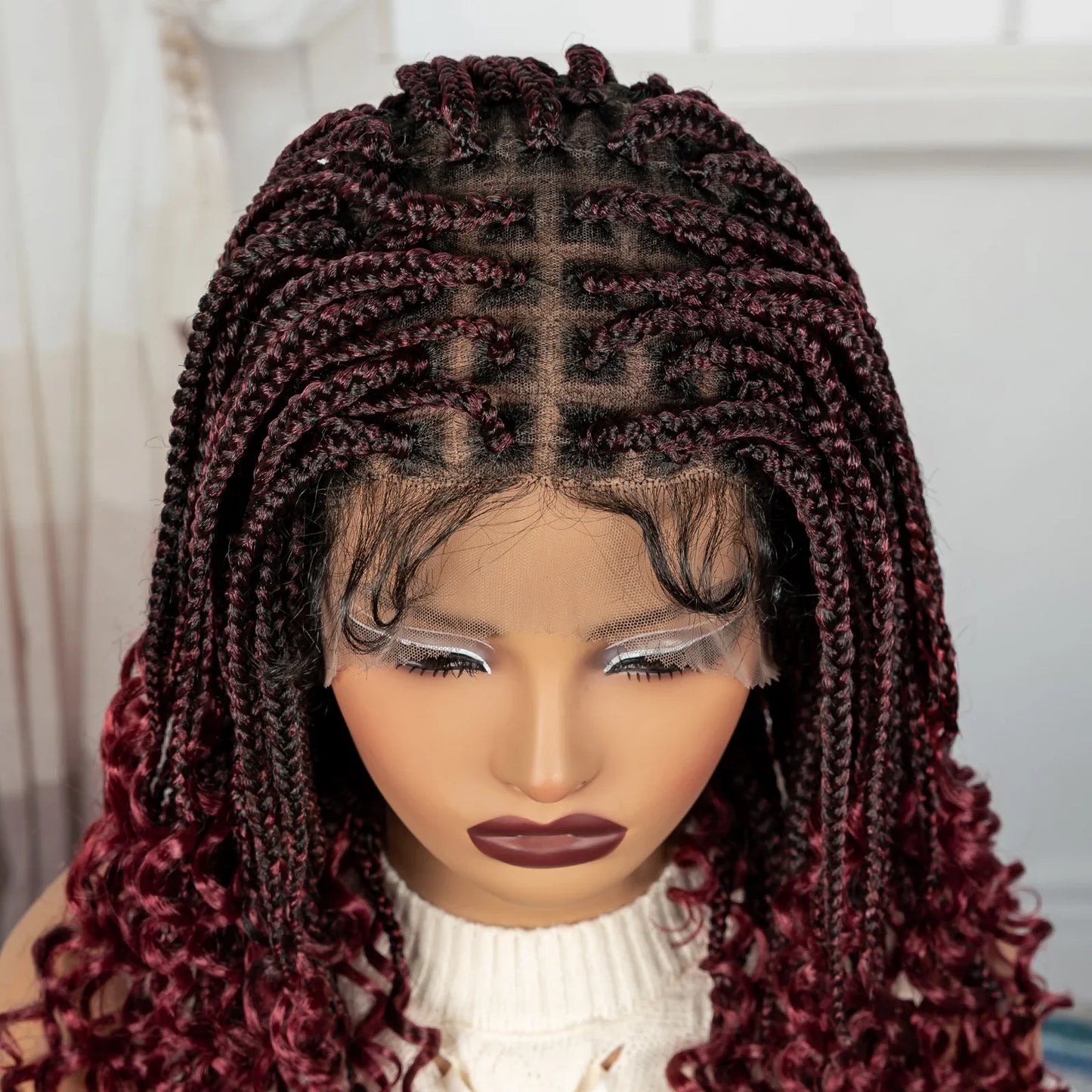 Burgundy Boho Knotless Braids Bob Wig with Curly Ends | Full Lace