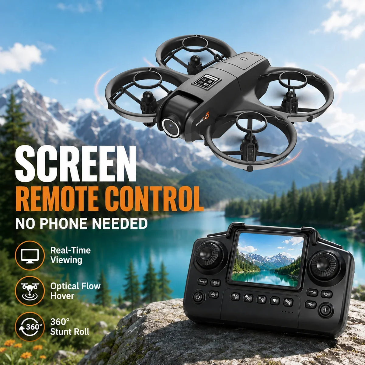 ZNLYRION YL3PK Mini Full Protective Drone With 2.4 Inch Screen Remote Dual Camera Optical Flow Hover 2 Batteries Indoor RC Quadcopter