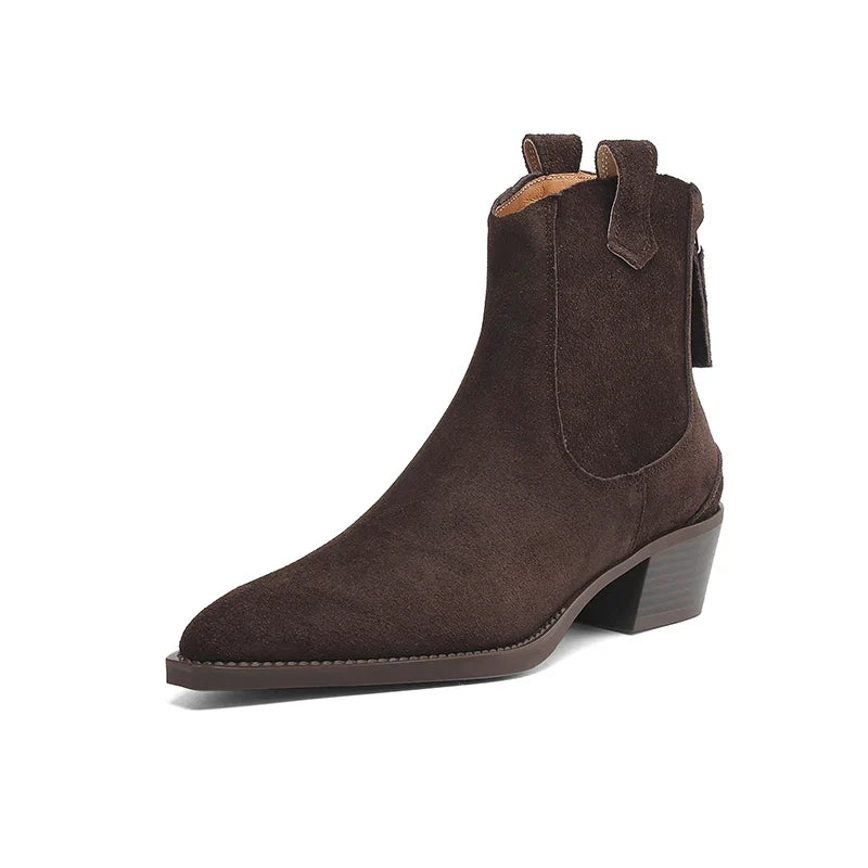 New 2025 Trend Autumn Winter Cow Suede Women Western Boots Black Brown Khaki Purple Green Burgundy Pointed Toe Lady Ankle Boots