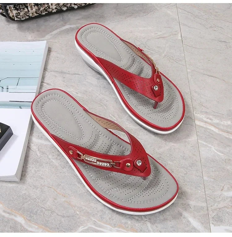 2023 Women's Slippers Summer New Fashion Metal Button Slides Shoes Wedge Beach Sandals Women Outside Platform Leisure Flip Flops