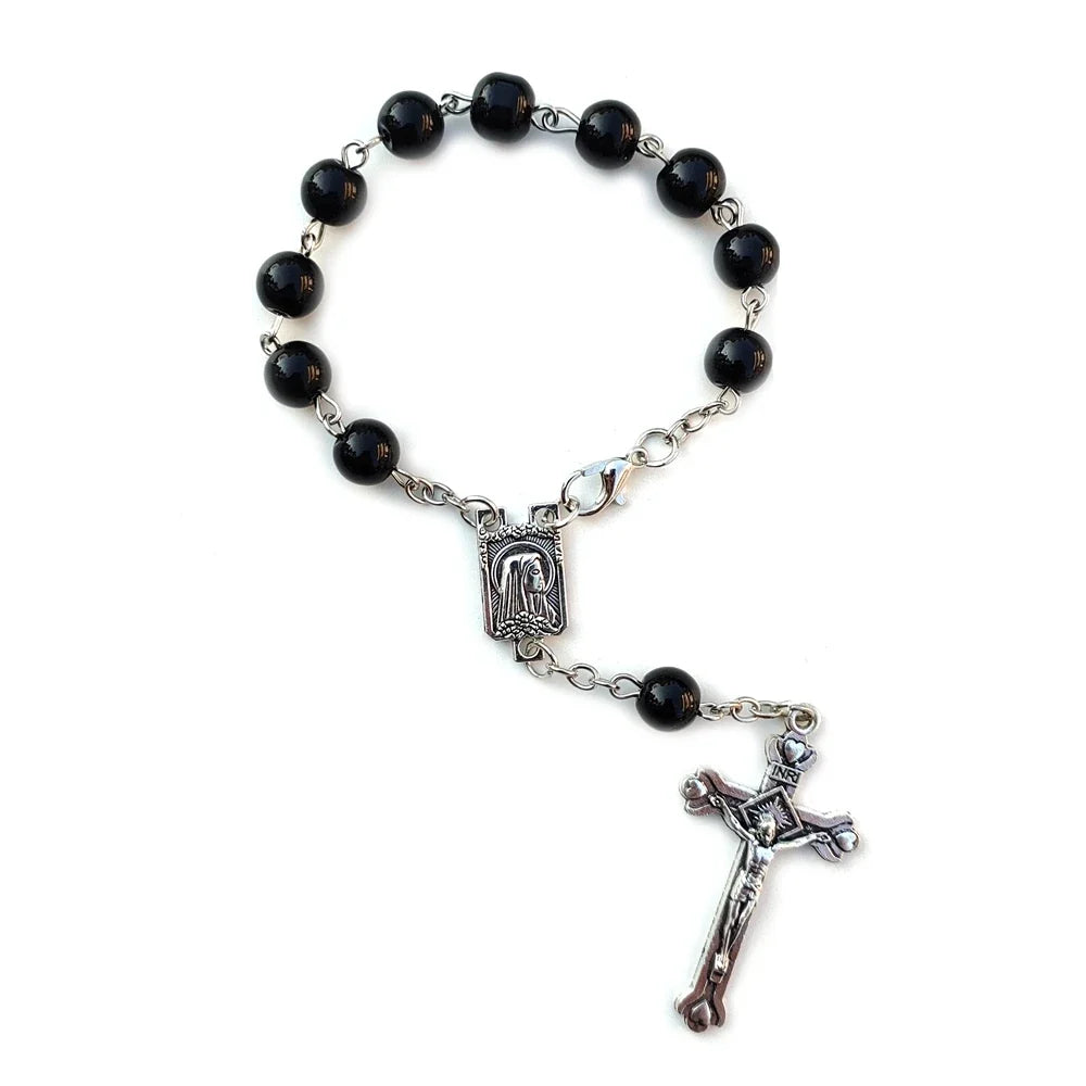 QIGO Car Rosary  One Decade Imitation Pearl Glass Beads Cross Pendant Bracelets For Men Women