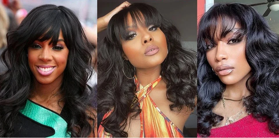 Natural Color 24" Body Wave Wig with Bangs | 180% Density Remy Human Hair Middle Part Lace