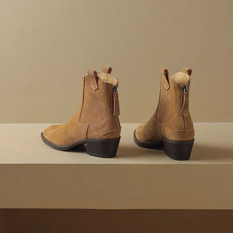 New 2025 Trend Autumn Winter Cow Suede Women Western Boots Black Brown Khaki Purple Green Burgundy Pointed Toe Lady Ankle Boots