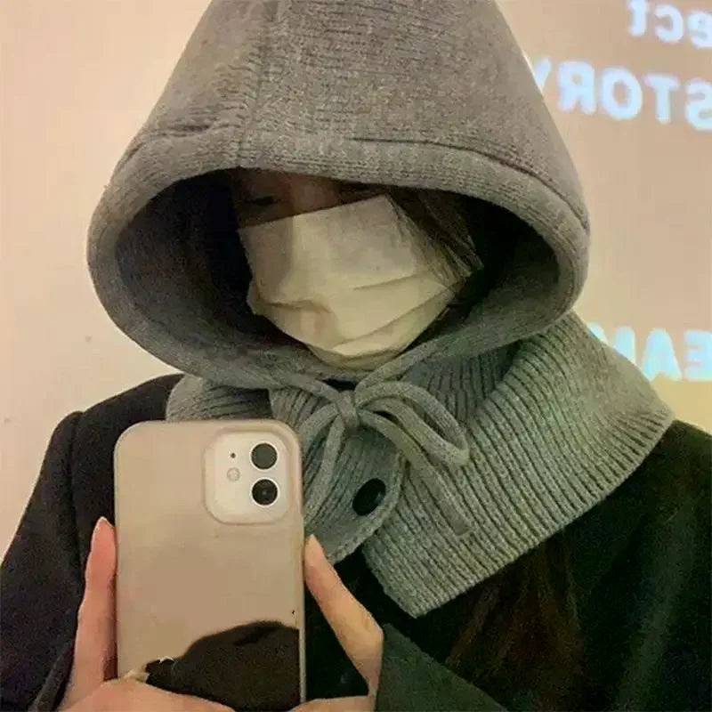 Winter Balaclava Hat Warm Knitted Women's Hood Hat Solid Color One-piece Neck Pullover Cap Outdoor Cashmere Caps