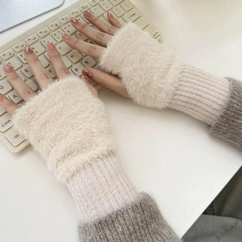 Half-finger Plush Winter Gloves Touch Screen Cold-proof  Warm Fingerless Knitted Wrist Guard Student Office Writing Work Outdoor