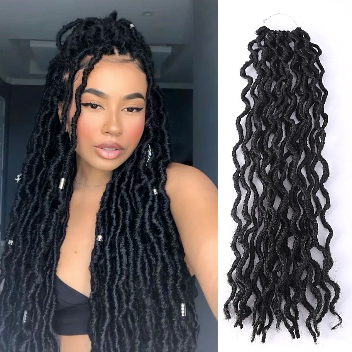 Goddess Faux Locs Crochet Hair | Soft Curly Ombre Dreadlock Extensions (Synthetic Braiding)