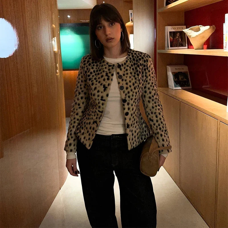 Retro Leopard Faux Fur Short Coat Lady Chic O-neck Single Button Placket Spotted Dot Cropped Long Sleeve Outerwear Street Jacket