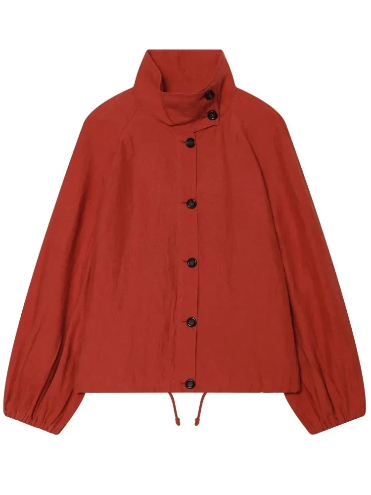 AACHOAE Women High Neck Lightweight Jacket Casual Long Sleeve Windbreaker Coat Drawstring Hem Button Front Short Outerwear