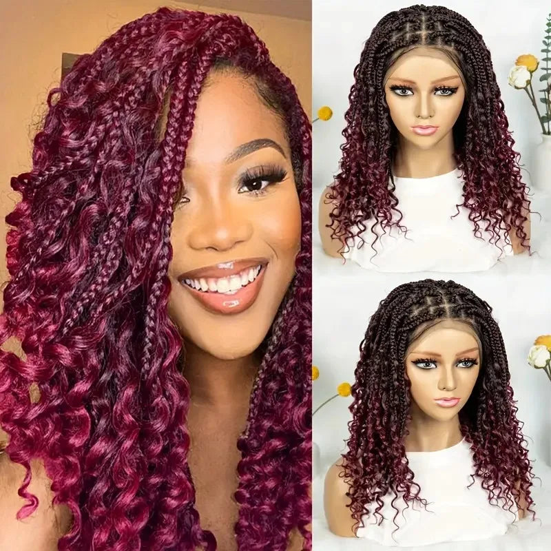 Burgundy Boho Knotless Braids Bob Wig with Curly Ends | Full Lace