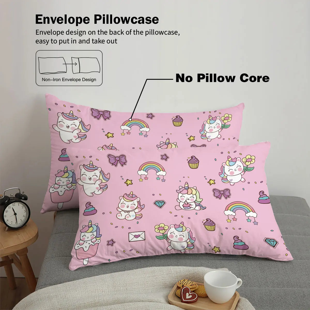 3pcs Cartoon Cute Unicorn Printed Coreless Down Duvet Cover Set, Multi Size Bedroom Bedding Decoration, Machine Washable