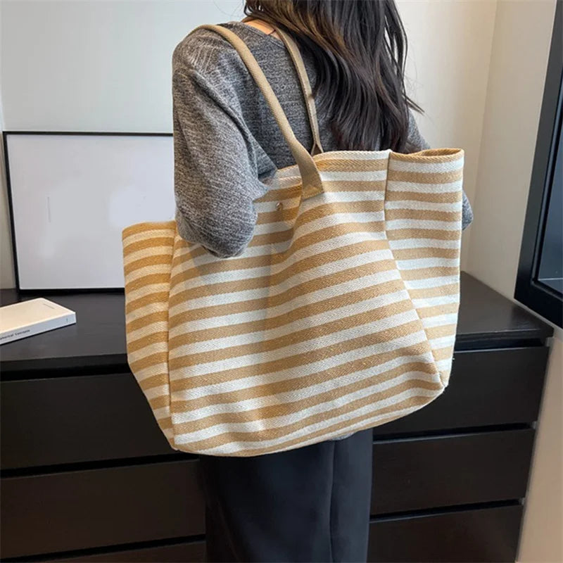 Casual Striped Canvas Bag for Women | Large Capacity Shoulder Bag & Daily Shopping Tote (Student Bookbag for School, Travel, Beach)