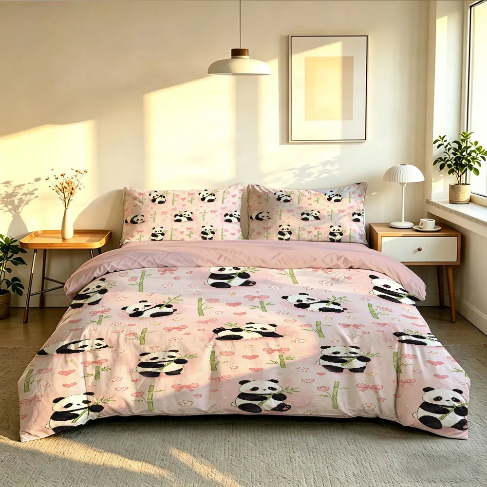 3pcs Cartoon Panda Print Coreless Duvet Cover Cool Summer Lightweight Bedding Set Multi Size Bedroom Bedding Decoration