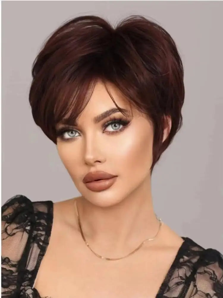 Deep Red Curly Pixie Wig with Bangs | Short Synthetic Heat-Resistant Daily Wig