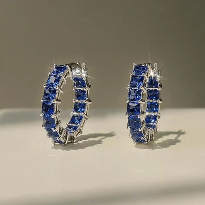 Huitan Princess Square Cubic Zirconia Hoop Earrings Luxury Trendy Ear Circle Earrings for Women Fashion Versatile Female Jewelry
