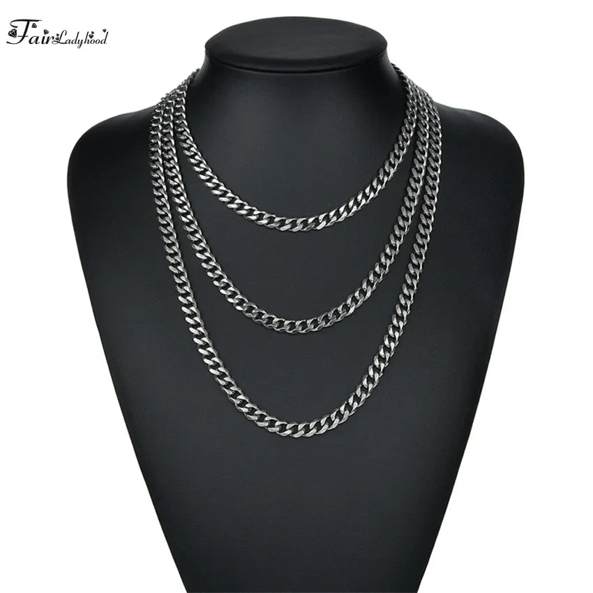 1 piece Size 3.6mm-9mm Men's Necklace Stainless Steel Cuban Link Chain Bracelet Necklace Steel Color Male Jewelry