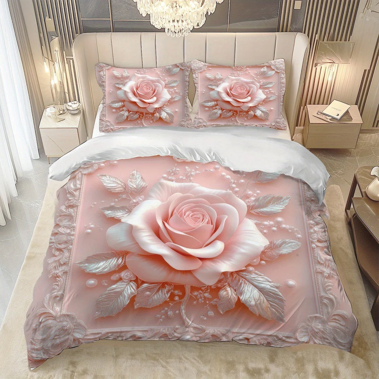 Latacaca 2/3Pcs Pink Rose Duvet Cover Set, Soft Comfortable Floral Bedding with Pillowcases, Machine Washable Queen King Size