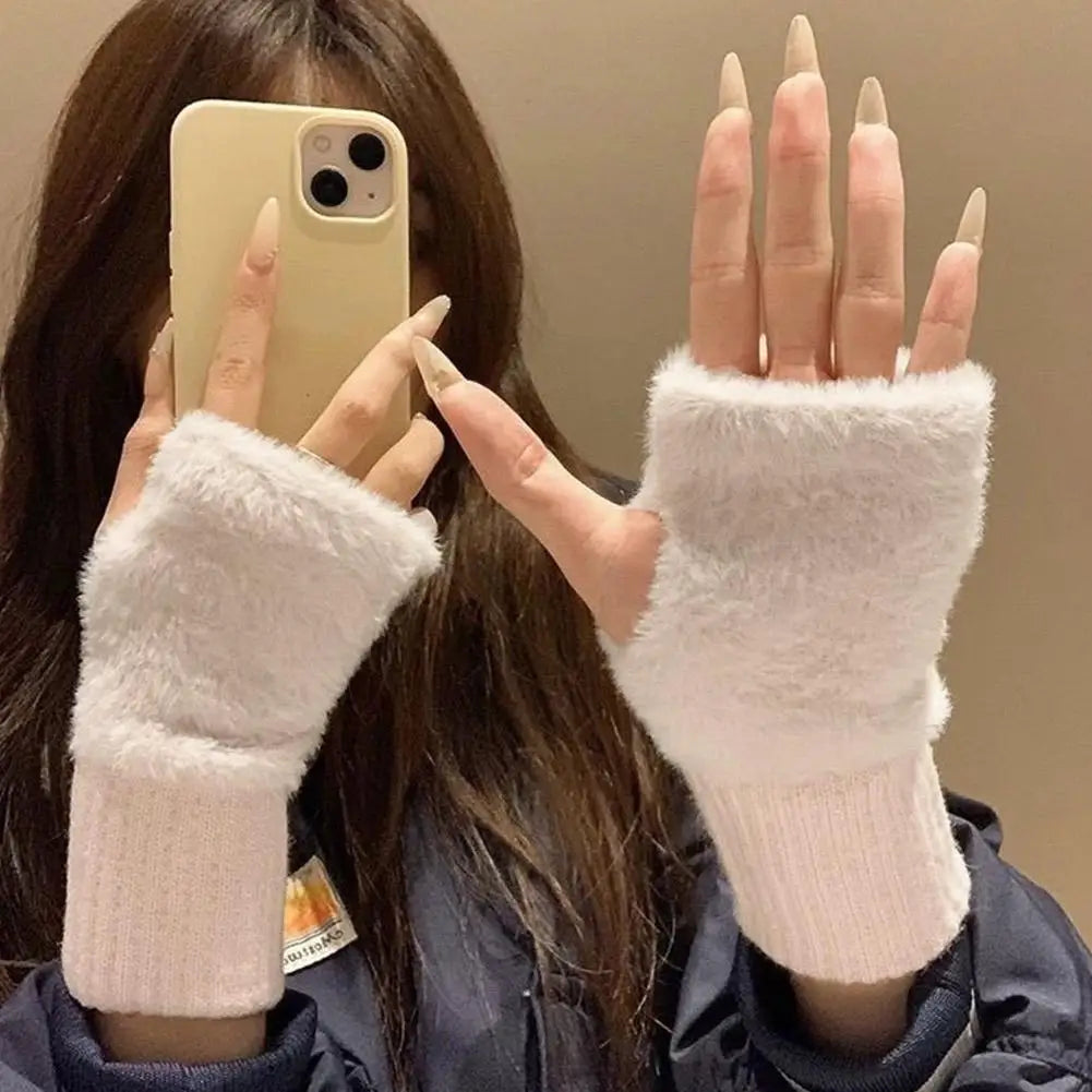Half-finger Plush Winter Gloves Touch Screen Cold-proof  Warm Fingerless Knitted Wrist Guard Student Office Writing Work Outdoor