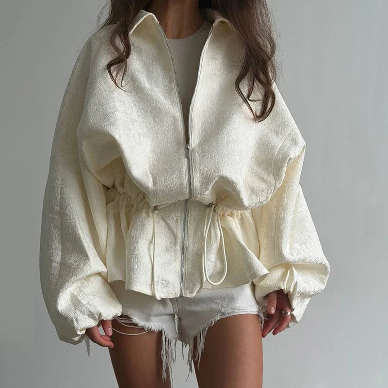 Luxury Apricot Texture Jacket Drawstring Waist Slim Puff Sleeves 2026 Women's Autumn Jackets Chic Commute Date Daily Outerwear