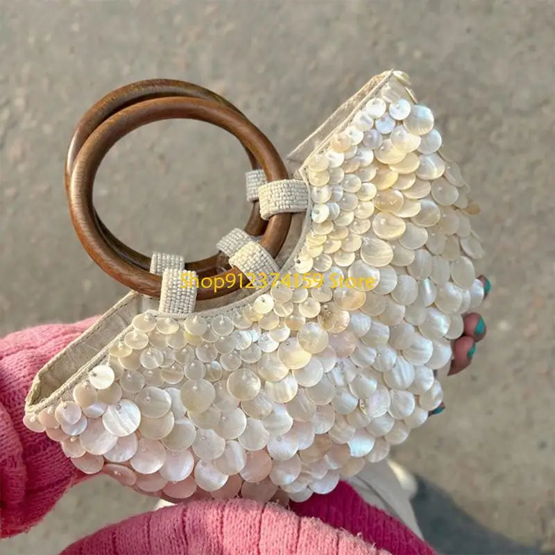 Elegant Beaded Shell Design Top Handle Purse | Bohemian Handmade Handbag for Vacation & Casual Occasions
